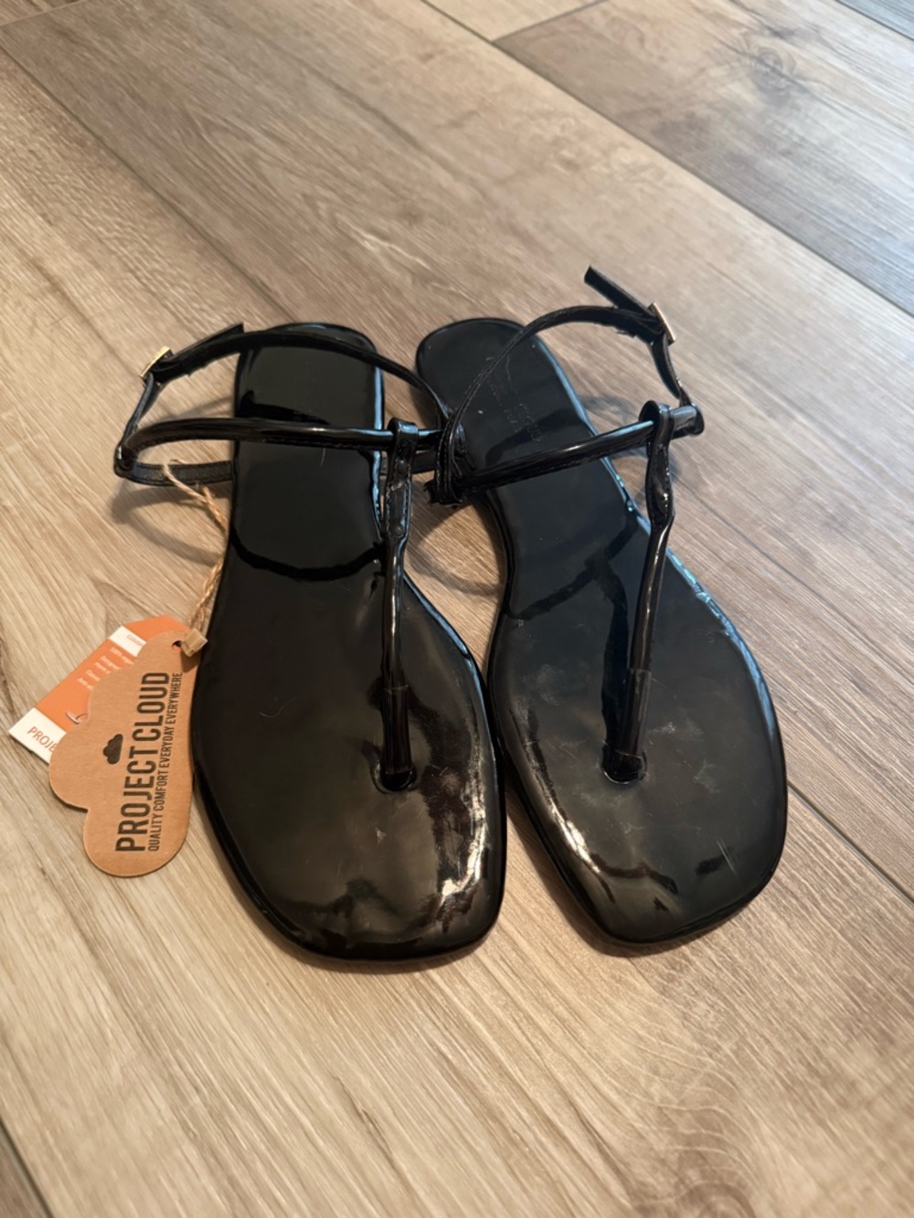 Project Cloud Women's Black Patent T-Strap Sandals with Ankle Buckle